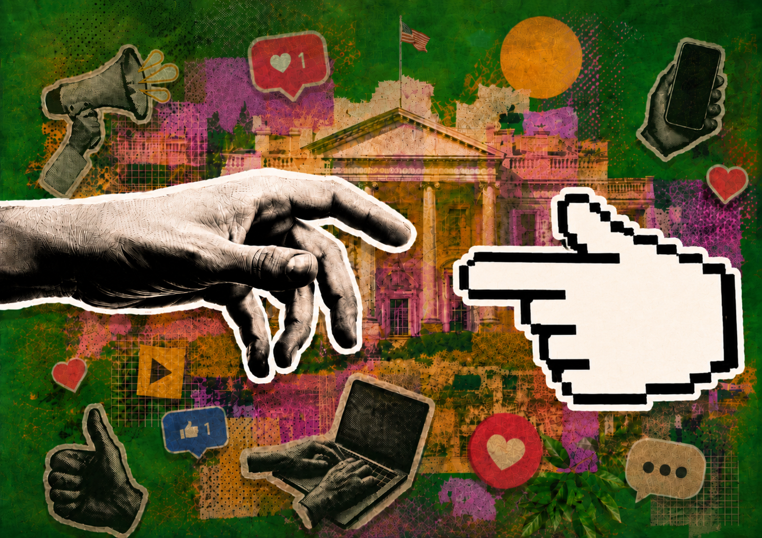 Collage of a reaching human hand and a pixelated cursor hand before the White House, surrounded by social-media reactions, phones, and laptops.